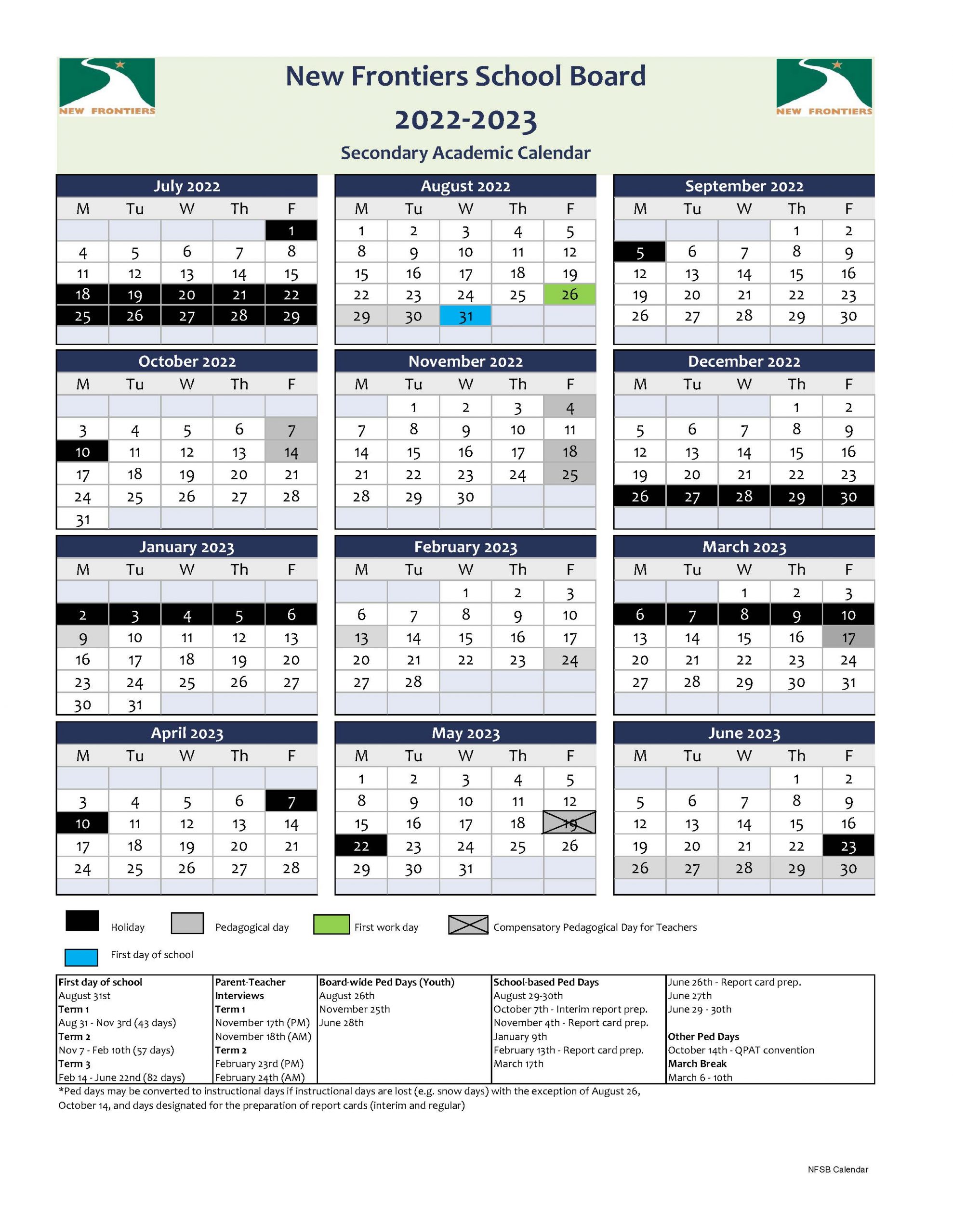 2023 Calendar Quebec Calendars New Frontiers School Board